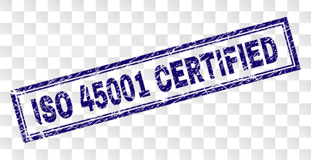 ISO 45001 CERTIFIED stamp seal watermark with rubber print style and double framed rectangle shape. Stamp is placed on a transparent background.のイラスト素材
