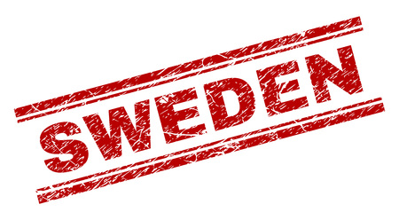 SWEDEN seal print with corroded effect. Red vector rubber print of SWEDEN title with corroded texture. Text caption is placed between double parallel lines.のイラスト素材