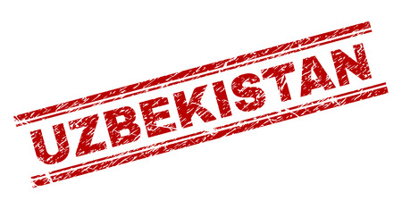 UZBEKISTAN seal watermark with distress texture. Red vector rubber print of UZBEKISTAN tag with dirty texture. Text tag is placed between double parallel lines.のイラスト素材