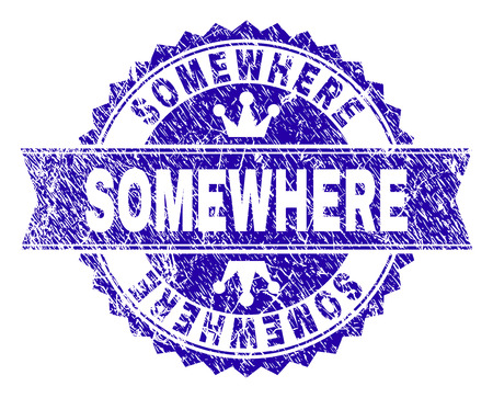 SOMEWHERE rosette seal watermark with grunge effect. Designed with round rosette, ribbon and small crowns. Blue vector rubber watermark of SOMEWHERE label with grunge style.のイラスト素材