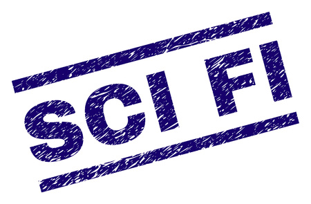SCI FI seal print with grunge style. Blue vector rubber print of SCI FI label with corroded texture. Text tag is placed between parallel lines.のイラスト素材