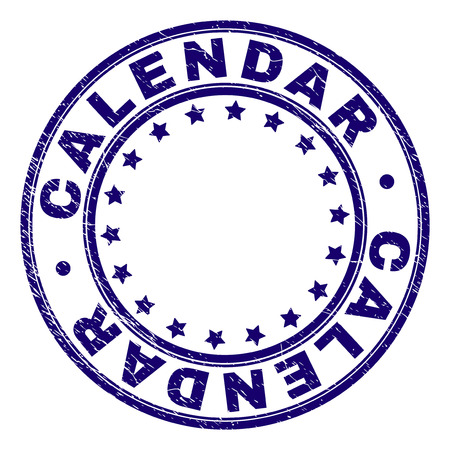 CALENDAR stamp seal watermark with grunge texture. Designed with round shapes and stars. Blue vector rubber print of CALENDAR title with corroded texture.のイラスト素材