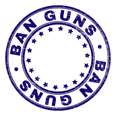 BAN GUNS stamp seal watermark with grunge texture. Designed with circles and stars. Blue vector rubber print of BAN GUNS text with scratched texture.のイラスト素材