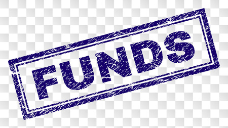 FUNDS stamp seal print with rubber print style and double framed rectangle shape. Stamp is placed on a transparent background. Blue vector rubber print of FUNDS caption with dirty texture.のイラスト素材