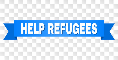 HELP REFUGEES text on a ribbon. Designed with white title and blue stripe. Vector banner with HELP REFUGEES tag on a transparent background.のイラスト素材