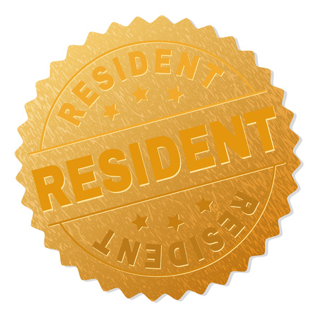 RESIDENT gold stamp reward. Vector gold medal with RESIDENT title. Text labels are placed between parallel lines and on circle. Golden area has metallic structure.のイラスト素材