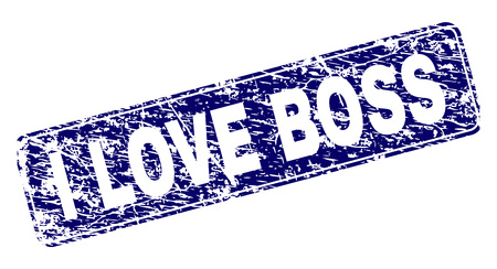 I LOVE BOSS stamp seal print with grunge style. Seal shape is a rounded rectangle with frame. Blue vector rubber print of I LOVE BOSS tag with dust texture.のイラスト素材