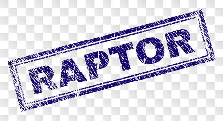 RAPTOR stamp seal print with rubber print style and double framed rectangle shape. Stamp is placed on a transparent background. Blue vector rubber print of RAPTOR text with grunge texture.のイラスト素材
