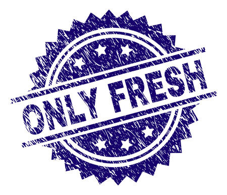 ONLY FRESH stamp seal watermark with distress style. Blue vector rubber print of ONLY FRESH tag with scratched texture.のイラスト素材