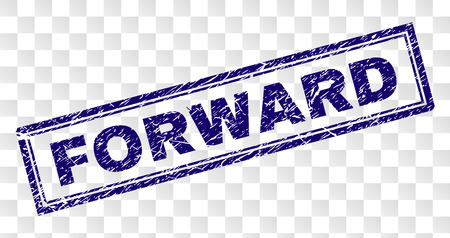 FORWARD stamp seal imprint with rubber print style and double framed rectangle shape. Stamp is placed on a transparent background. Blue vector rubber print of FORWARD label with corroded texture.のイラスト素材