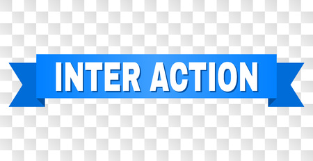 INTER ACTION text on a ribbon. Designed with white title and blue stripe. Vector banner with INTER ACTION tag on a transparent background.のイラスト素材