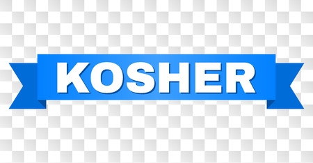 KOSHER text on a ribbon. Designed with white title and blue tape. Vector banner with KOSHER tag on a transparent background.のイラスト素材