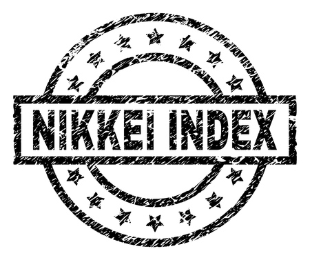 NIKKEI INDEX stamp seal watermark with distress style. Designed with rectangle, circles and stars. Black vector rubber print of NIKKEI INDEX title with scratched texture.のイラスト素材
