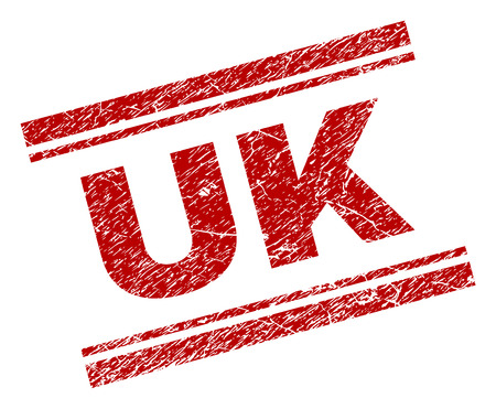 UK seal print with corroded effect. Red vector rubber print of UK label with retro texture. Text label is placed between double parallel lines.のイラスト素材