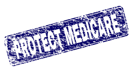 PROTECT MEDICARE stamp seal print with grunge texture. Seal shape is a rounded rectangle with frame. Blue vector rubber print of PROTECT MEDICARE text with grunge texture.のイラスト素材