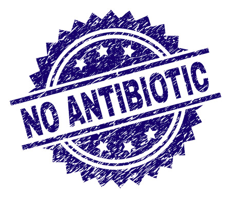 NO ANTIBIOTIC stamp seal watermark with distress style. Blue vector rubber print of NO ANTIBIOTIC title with grunge texture.のイラスト素材