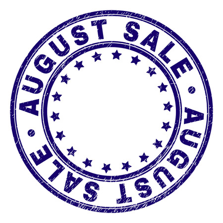 AUGUST SALE stamp seal imprint with distress texture. Designed with round shapes and stars. Blue vector rubber print of AUGUST SALE text with dirty texture.のイラスト素材