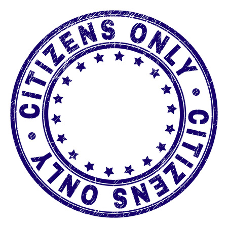 CITIZENS ONLY stamp seal imprint with grunge texture. Designed with circles and stars. Blue vector rubber print of CITIZENS ONLY text with dirty texture.のイラスト素材