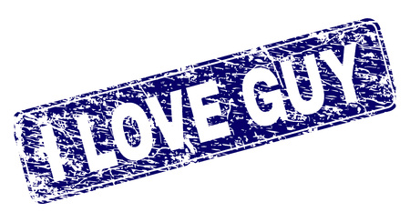 I LOVE GUY stamp seal print with distress texture. Seal shape is a rounded rectangle with frame. Blue vector rubber print of I LOVE GUY title with grunge texture.のイラスト素材