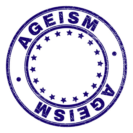 AGEISM stamp seal imprint with grunge style. Designed with circles and stars. Blue vector rubber print of AGEISM label with grunge texture.のイラスト素材