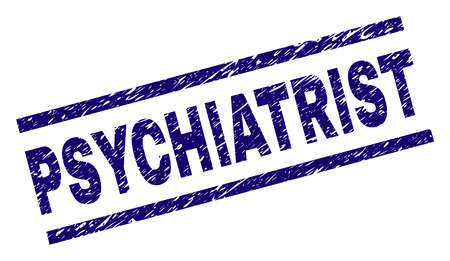 PSYCHIATRIST seal print with grunge style. Blue vector rubber print of PSYCHIATRIST title with grunge texture. Text tag is placed between parallel lines.のイラスト素材