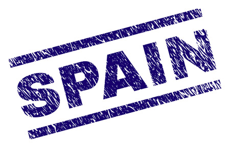 SPAIN seal print with scratced style. Blue vector rubber print of SPAIN caption with grunge texture. Text caption is placed between parallel lines.のイラスト素材