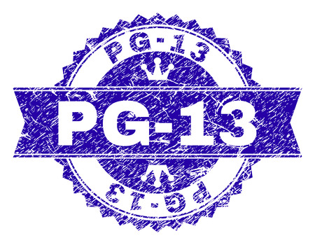 PG-13 rosette stamp seal imitation with grunge style. Designed with round rosette, ribbon and small crowns. Blue vector rubber watermark of PG-13 title with grunge texture.のイラスト素材