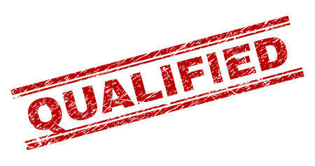 QUALIFIED seal imprint with corroded texture. Red vector rubber print of QUALIFIED tag with corroded texture. Text tag is placed between double parallel lines.のイラスト素材