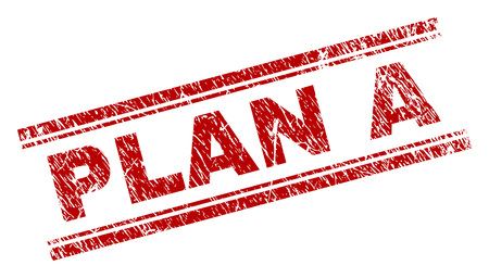 PLAN A seal print with corroded texture. Red vector rubber print of PLAN A label with unclean texture. Text title is placed between double parallel lines.のイラスト素材