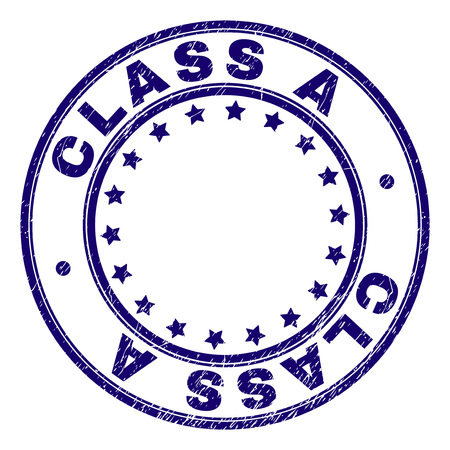 CLASS A stamp seal watermark with distress texture. Designed with round shapes and stars. Blue vector rubber print of CLASS A tag with dust texture.のイラスト素材