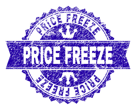 PRICE FREEZE rosette seal imitation with grunge texture. Designed with round rosette, ribbon and small crowns. Blue vector rubber watermark of PRICE FREEZE text with grunge texture.のイラスト素材