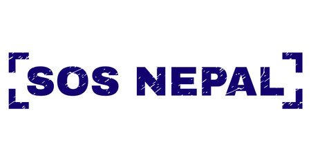 SOS NEPAL text seal stamp with corroded texture. Text title is placed between corners. Blue vector rubber print of SOS NEPAL with corroded texture.