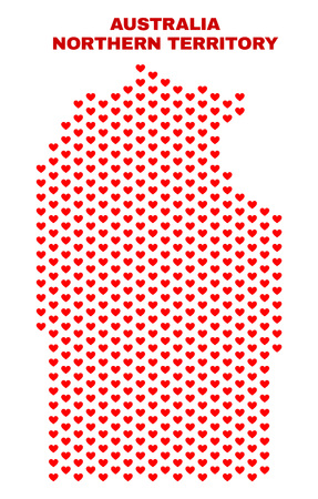 Mosaic Australian Northern Territory map of heart hearts in red color isolated on a white background. Regular red heart pattern in shape of Australian Northern Territory map.のイラスト素材