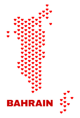 Mosaic Bahrain map of love hearts in red color isolated on a white background. Regular red heart pattern in shape of Bahrain map. Abstract design for Valentine decoration.のイラスト素材