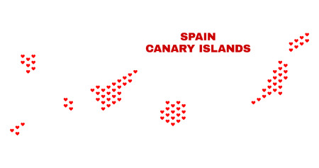 Mosaic Canary Islands map of love hearts in red color isolated on a white background. Regular red heart pattern in shape of Canary Islands map. Abstract design for Valentine illustrations.のイラスト素材
