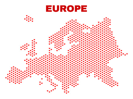 Mosaic Europe map of love hearts in red color isolated on a white background. Regular red heart pattern in shape of Europe map. Abstract design for Valentine decoration.のイラスト素材