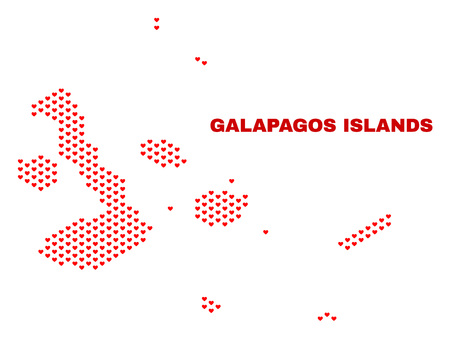 Mosaic Galapagos Islands map of heart hearts in red color isolated on a white background. Regular red heart pattern in shape of Galapagos Islands map. Abstract design for Valentine decoration.のイラスト素材