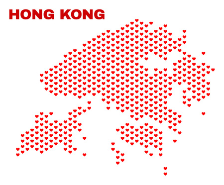 Mosaic Hong Kong map of valentine hearts in red color isolated on a white background. Regular red heart pattern in shape of Hong Kong map. Abstract design for Valentine illustrations.のイラスト素材