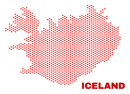 Mosaic Iceland map of valentine hearts in red color isolated on a white background. Regular red heart pattern in shape of Iceland map. Abstract design for Valentine illustrations.のイラスト素材