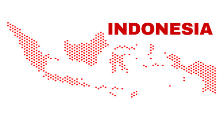 Mosaic Indonesia map of heart hearts in red color isolated on a white background. Regular red heart pattern in shape of Indonesia map. Abstract design for Valentine illustrations.のイラスト素材