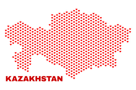 Mosaic Kazakhstan map of love hearts in red color isolated on a white background. Regular red heart pattern in shape of Kazakhstan map. Abstract design for Valentine decoration.のイラスト素材