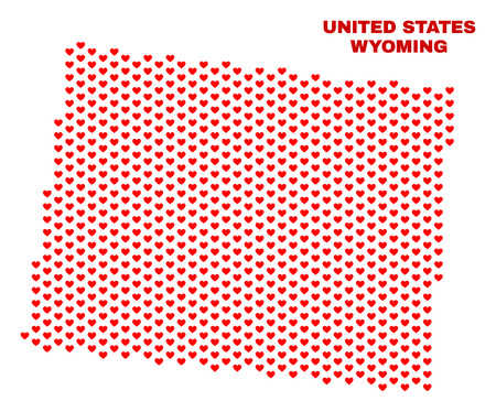 Mosaic Wyoming State map of valentine hearts in red color isolated on a white background. Regular red heart pattern in shape of Wyoming State map. Abstract design for Valentine decoration.のイラスト素材