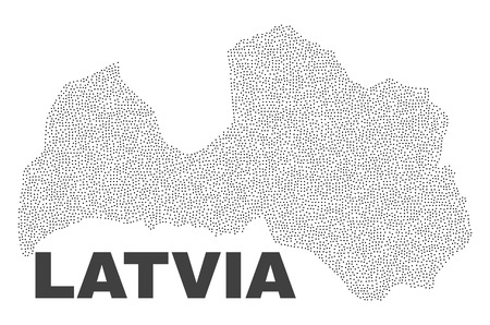 Latvia map designed with tiny points. Vector abstraction in black color is isolated on a white background. Scattered small points are organized into Latvia map.のイラスト素材