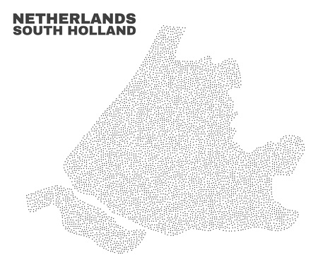 South Holland map designed with little dots. Vector abstraction in black color is isolated on a white background. Scattered little dots are organized into South Holland map.のイラスト素材