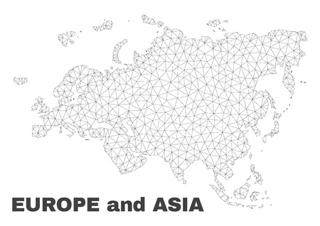 Abstract Europe and Asia map isolated on a white background. Triangular mesh model in black color of Europe and Asia map. Polygonal geographic scheme designed for political illustrations.のイラスト素材