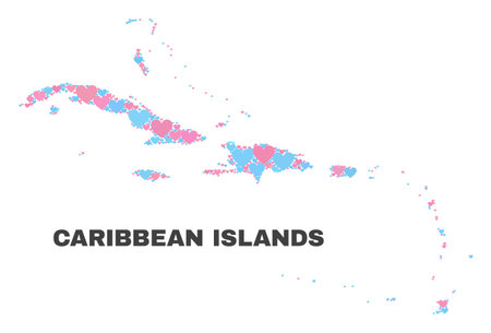 Mosaic Caribbean Islands map of love hearts in pink and blue colors isolated on a white background. Lovely heart collage in shape of Caribbean Islands map. Abstract design for Valentine illustrations.のイラスト素材