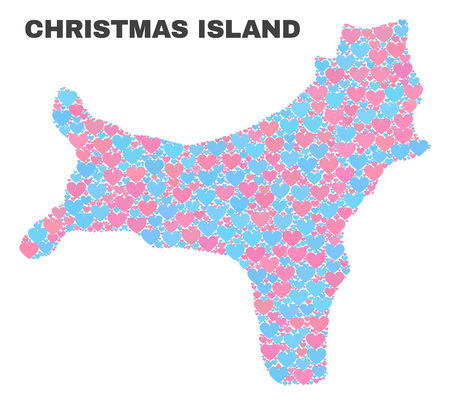 Mosaic Christmas Island map of valentine hearts in pink and blue colors isolated on a white background. Lovely heart collage in shape of Christmas Island map. Abstract design for Valentine decoration.のイラスト素材