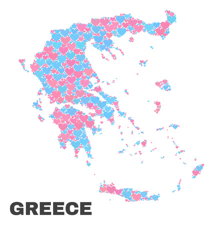 Mosaic Greece map of lovely hearts in pink and blue colors isolated on a white background. Lovely heart collage in shape of Greece map. Abstract design for Valentine illustrations.のイラスト素材