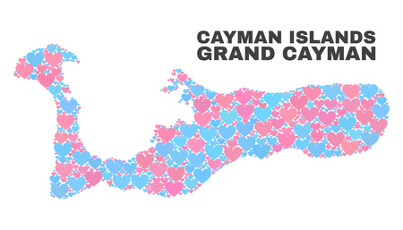 Mosaic Grand Cayman Island map of lovely hearts in pink and blue colors isolated on a white background. Lovely heart collage in shape of Grand Cayman Island map.のイラスト素材