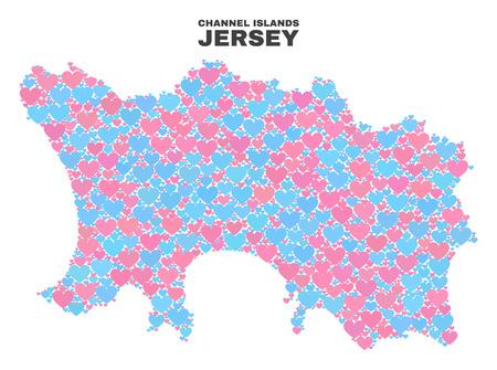 Mosaic Jersey Island map of valentine hearts in pink and blue colors isolated on a white background. Lovely heart collage in shape of Jersey Island map. Abstract design for Valentine illustrations.のイラスト素材